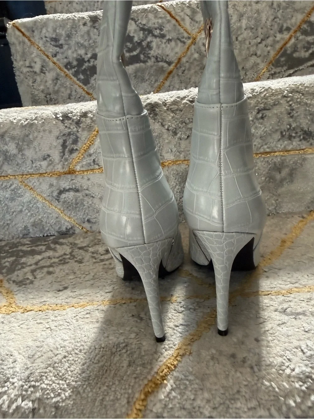 GUESS Croc-Embossed Over-the-Knee Stiletto Boots in Light Gray